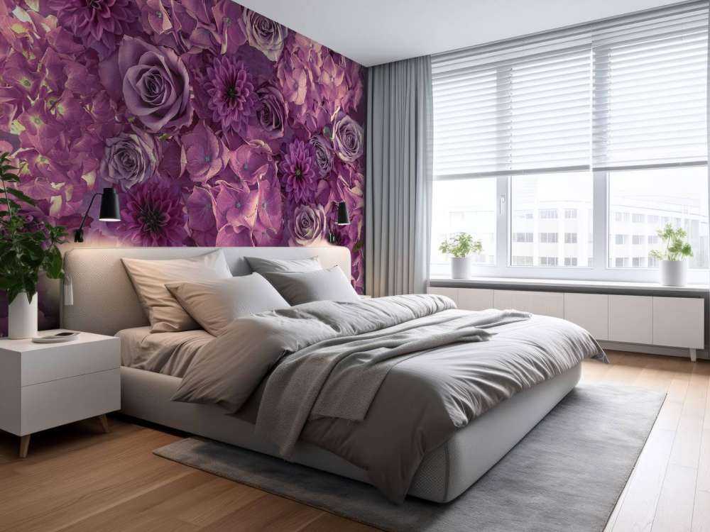 Hortensias mauves, roses et dahlias