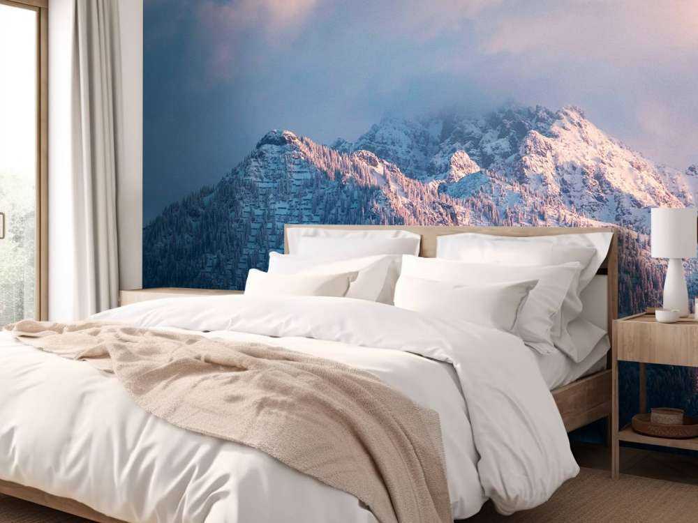 Lumière d'hiver rose sur les sommets des montagnes