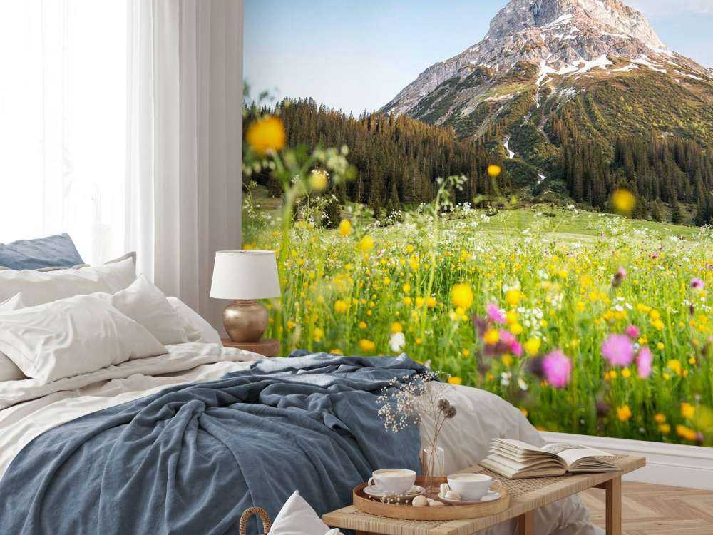 Sommet de la montagne au-dessus de la prairie de fleurs