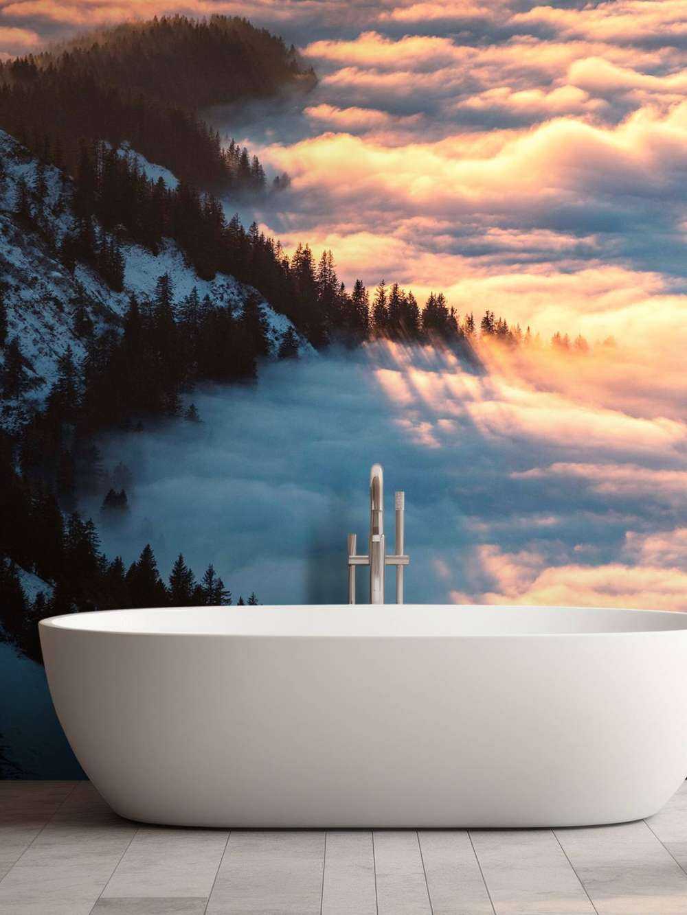 Lueur du matin sur une forêt de montagne brumeuse