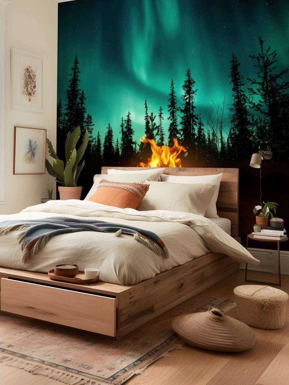 Feu de camp sous les aurores boréales