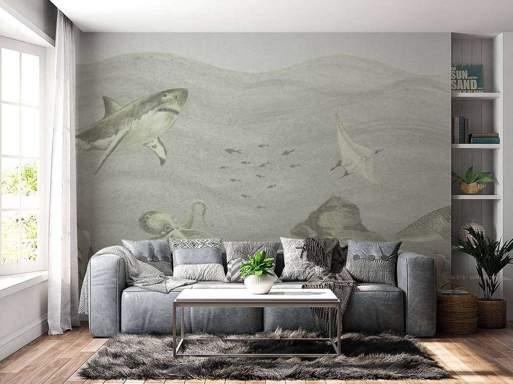 Monde sous-marin avec requins en vert d'eau