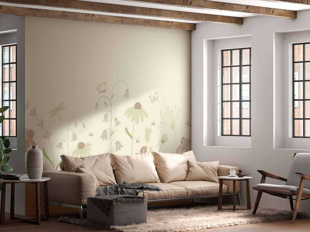 Champ de fleurs en hauteur avec papillons, sable, vieux rose