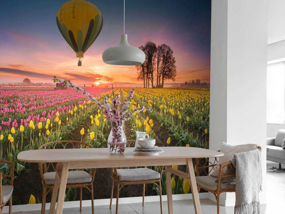 Champ de tulipes jaunes et roses