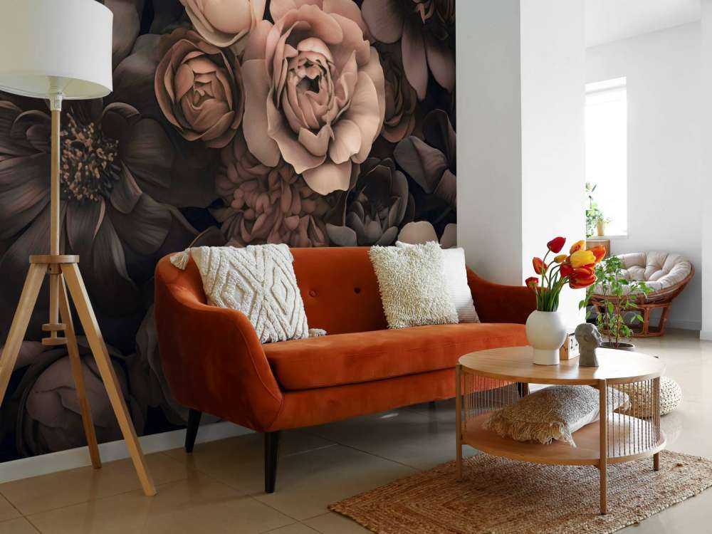 Fleurs baroques opulentes, art botanique sombre, blush et brun