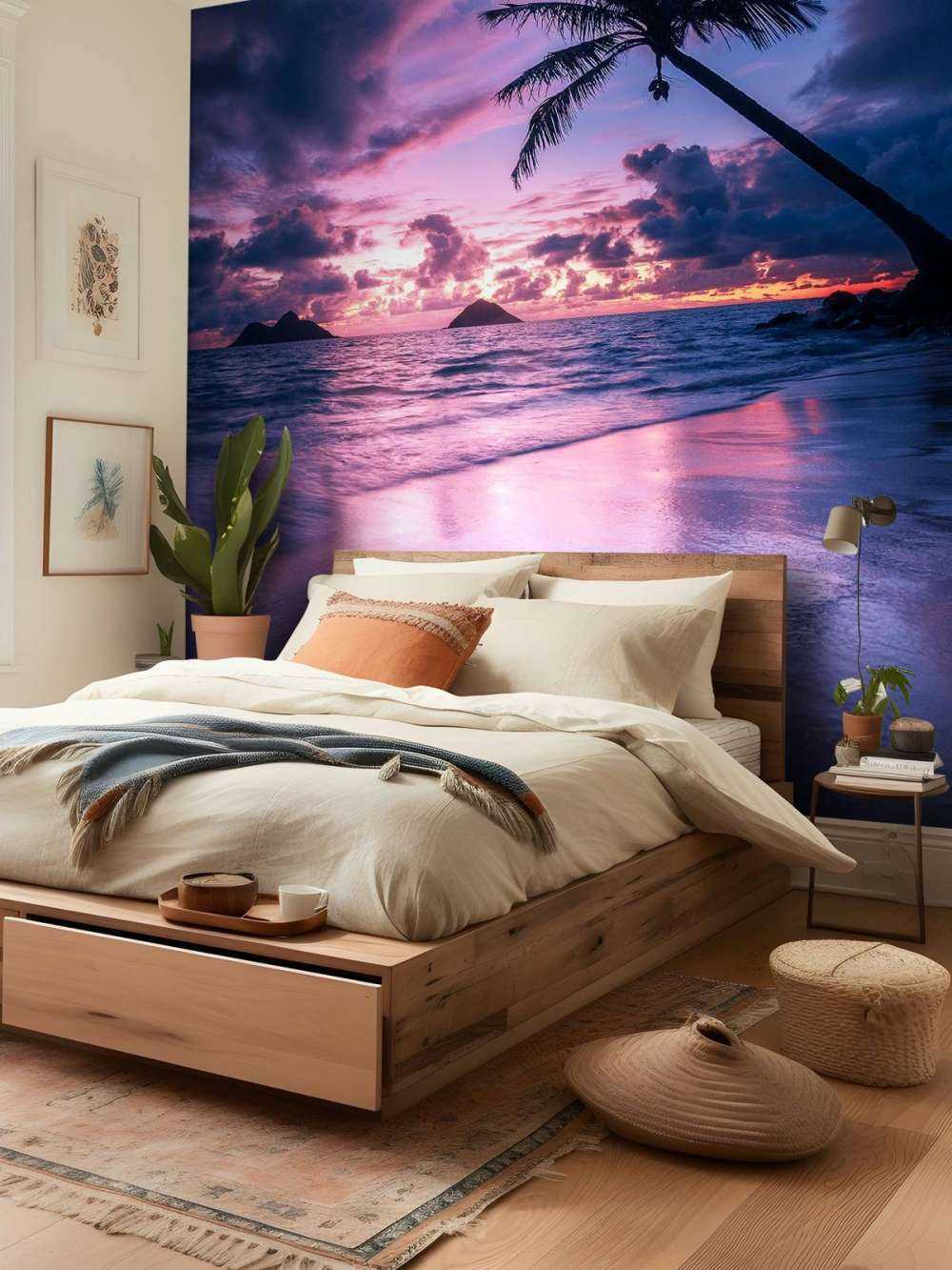 Plage de palmiers au coucher du soleil violet