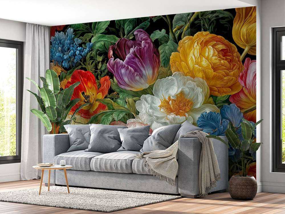 Fleurs luxuriantes sur fond noir
