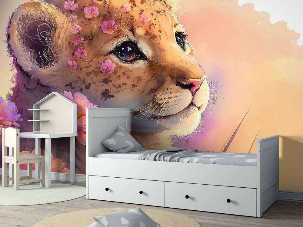 Dromerige welp tussen de bloemen