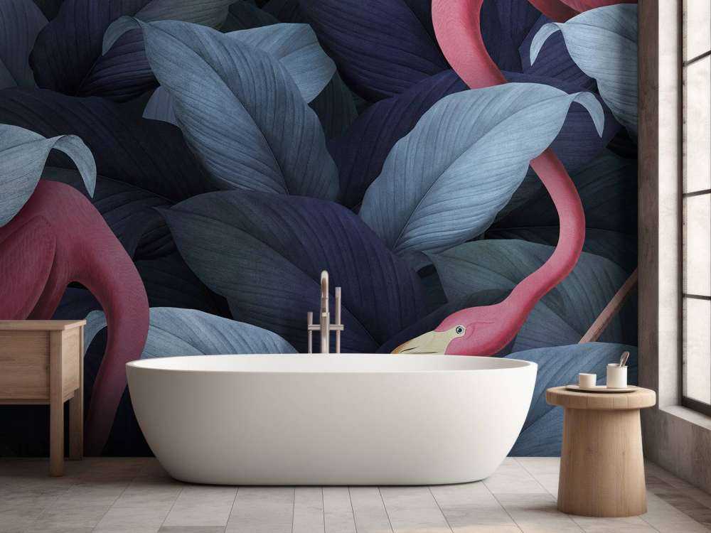 Flamants roses avec des feuilles bleues