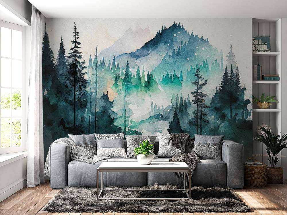 Forêt en aquarelle bleu canard