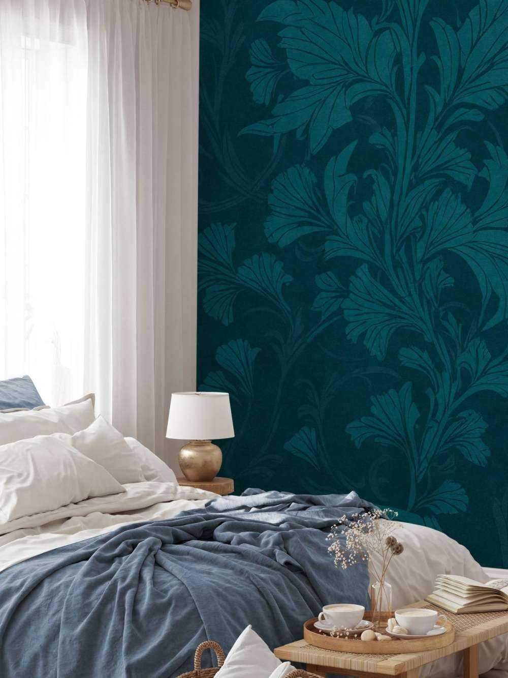 motif damassé ornemental monochrome de style William Morris vert émeraude et sarcelle