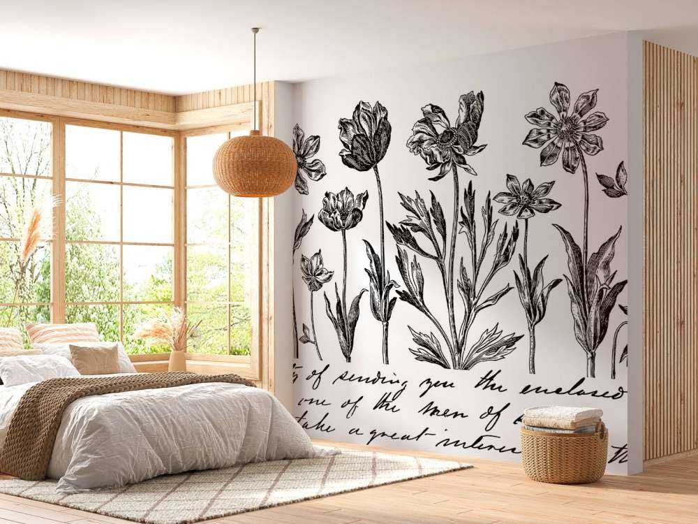 Historic flower drawing script black white