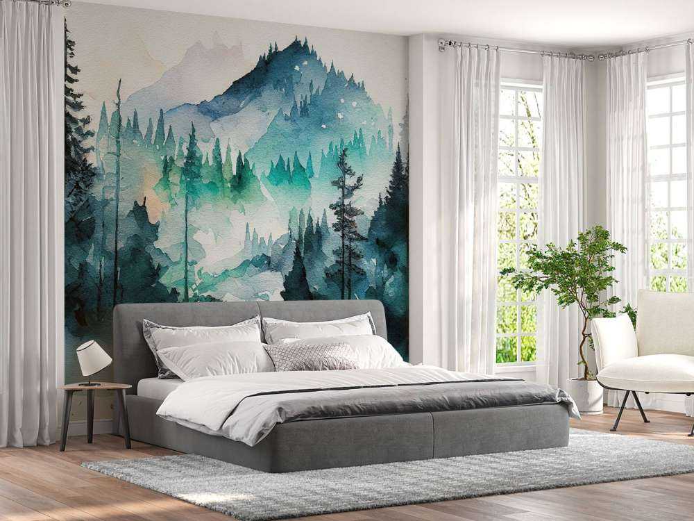 Forêt en aquarelle bleu canard