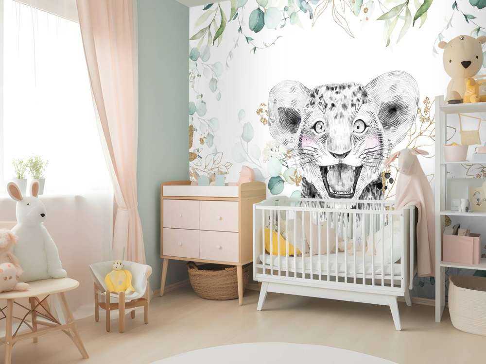 Bébé lion et feuillage menthe