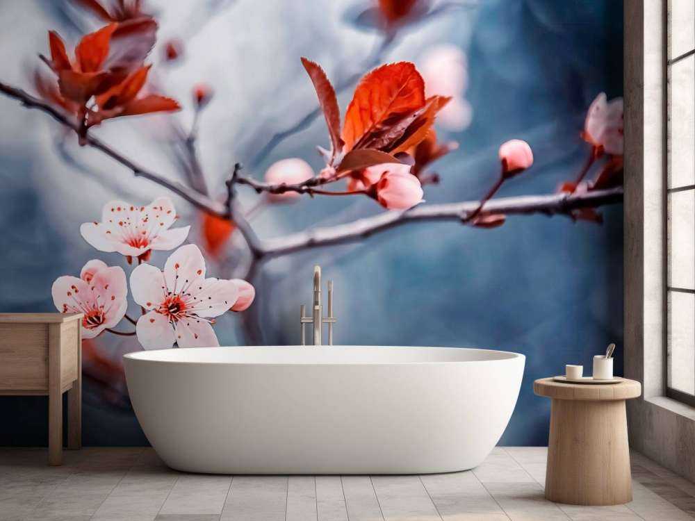 Fleur de cerisier avec des feuilles brun-rouge.