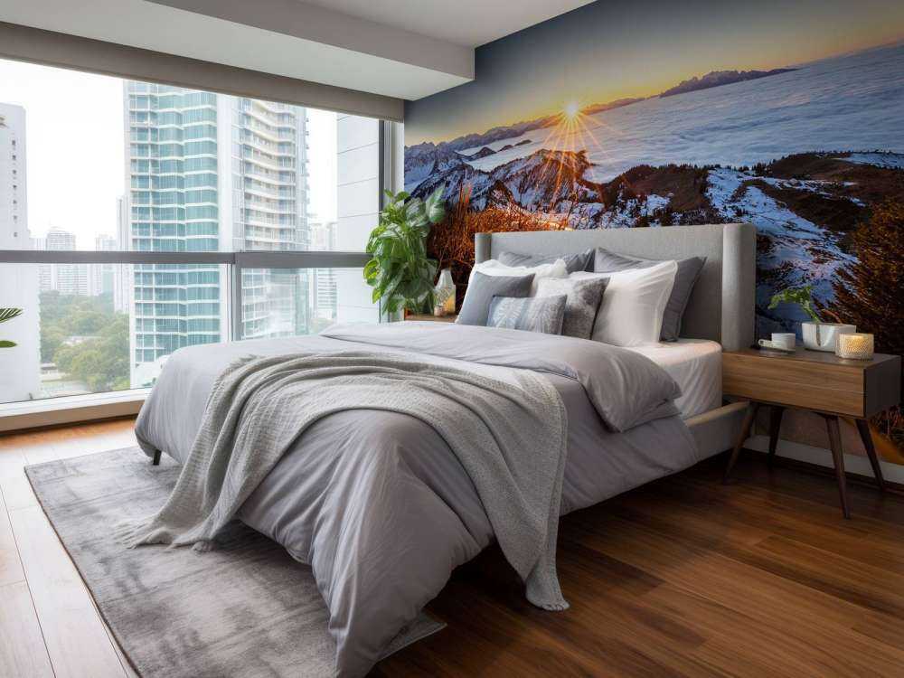 Lever de soleil au-dessus d'une prairie de montagne en hiver