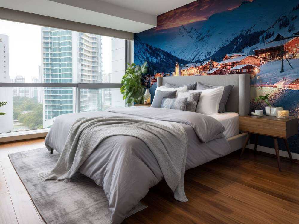 Lumière du soir sur un village de montagne enneigé