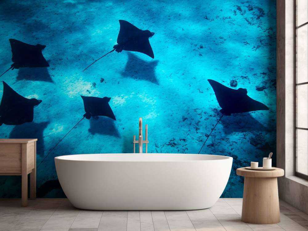 Les raies manta flottant à travers le récif bleu profond