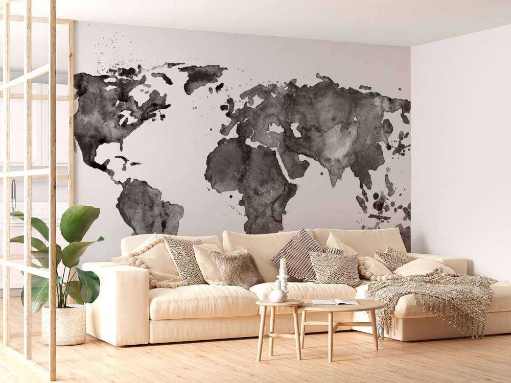 Carte du monde en noir de l'aquarelle