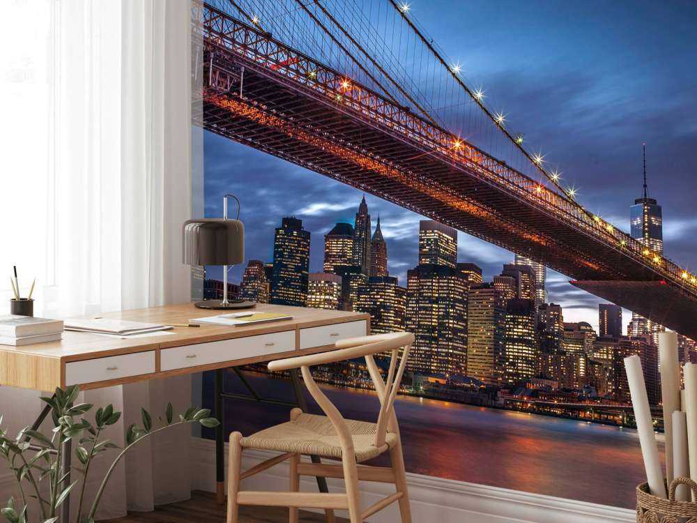 Brooklyn Bridge and lower Manhattan skyline at dusk, New York