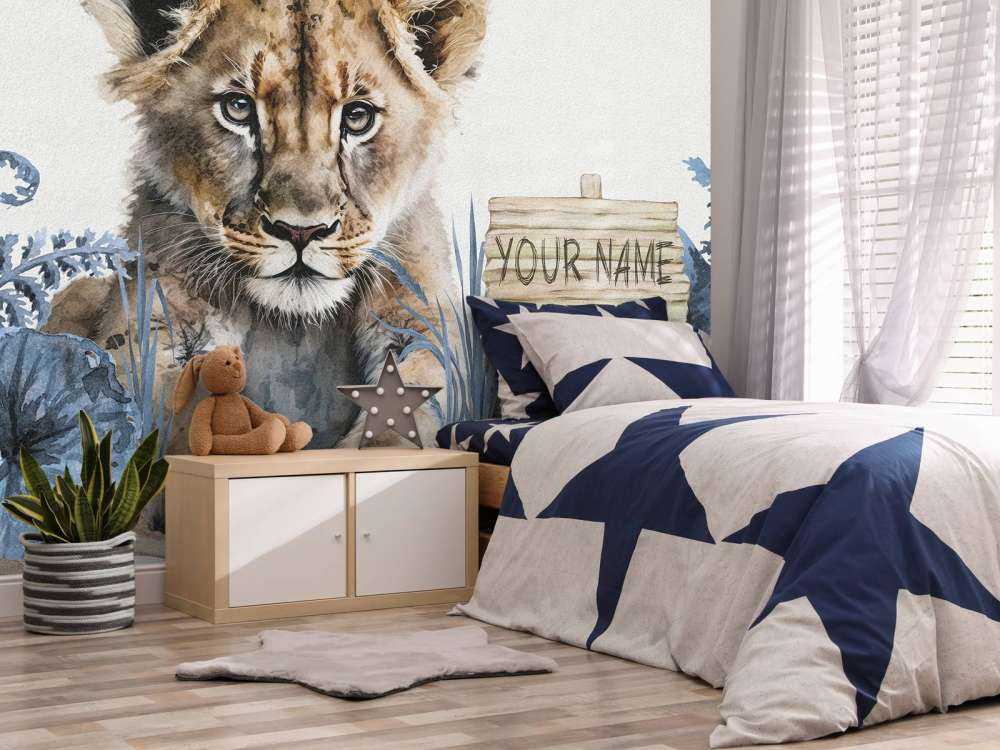 Bébé lion dans la jungle bleu