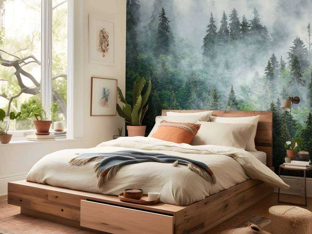 Paysage brumeux avec des arbres verts