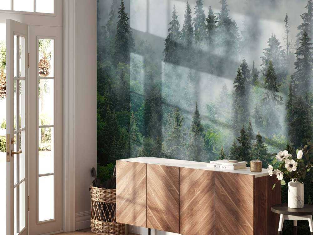 Paysage brumeux avec des arbres verts