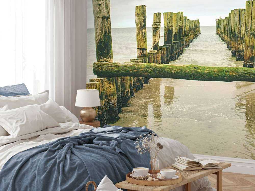 Des têtes de pieux moussues dans l'eau