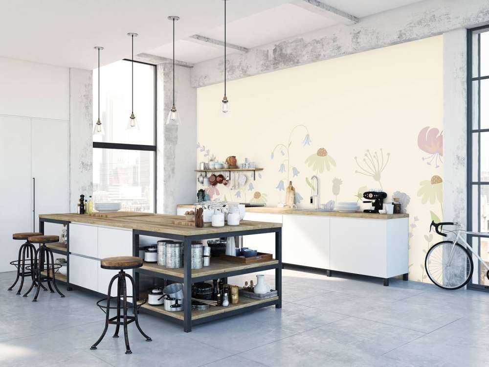 Champ de fleurs haut sable, vieux rose, vert et lilas