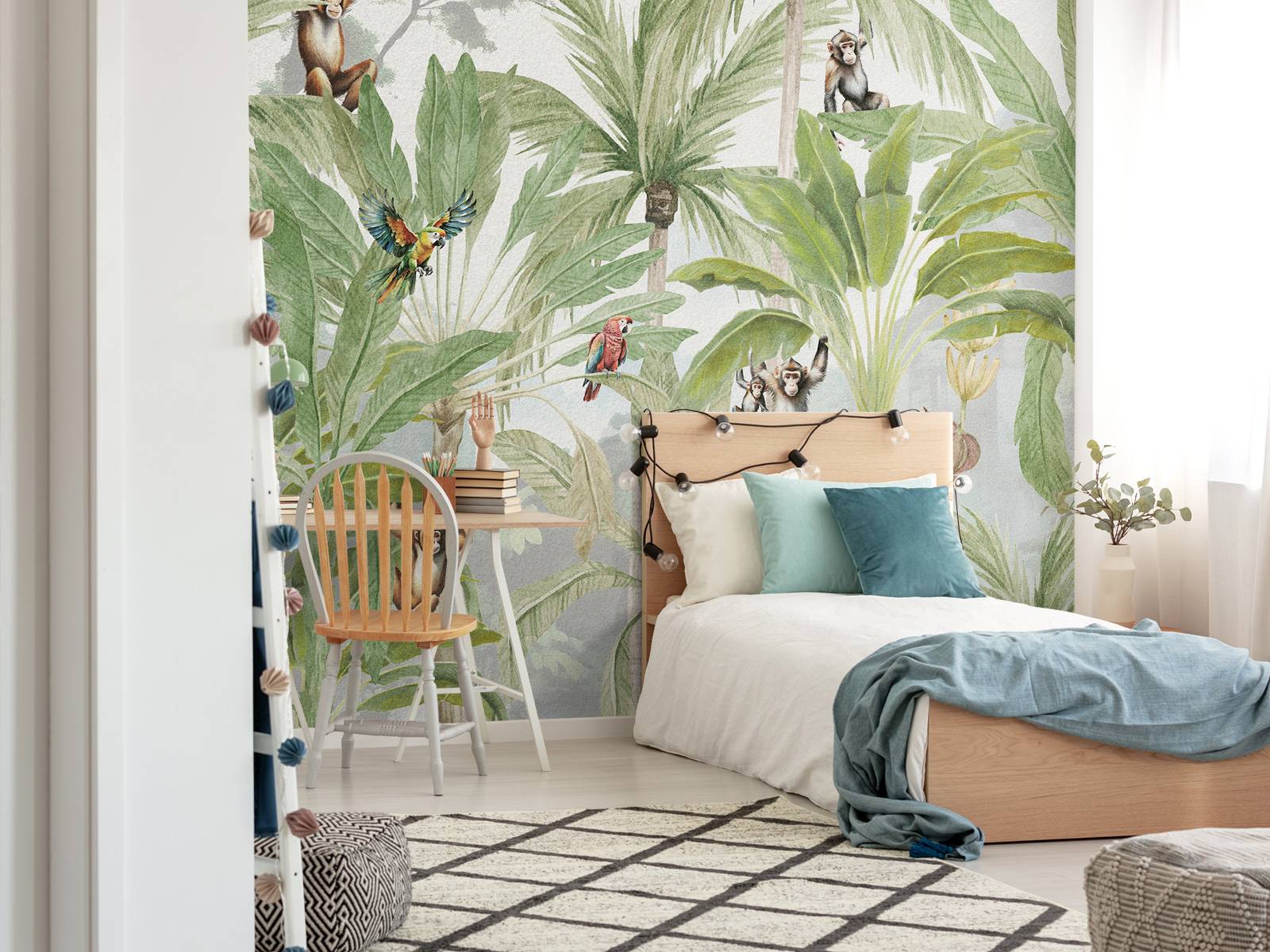 Jungle avec singes et perroquets en couleur
