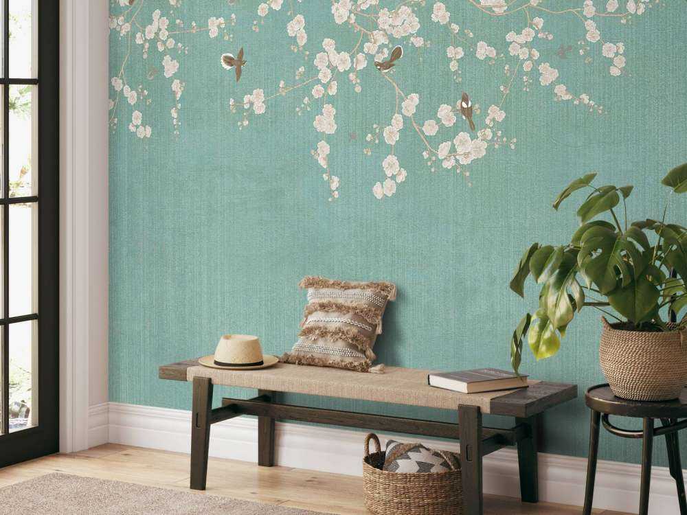 Brindilles en fleurs et moineaux volants