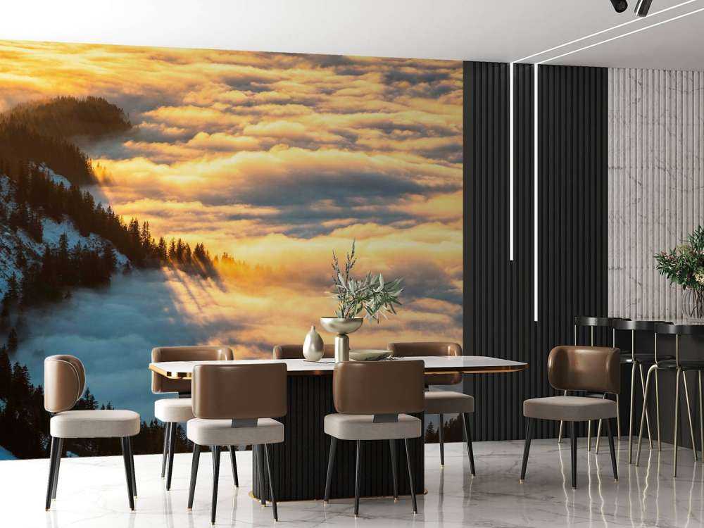 Lumière du soleil sur une forêt de montagne enneigée