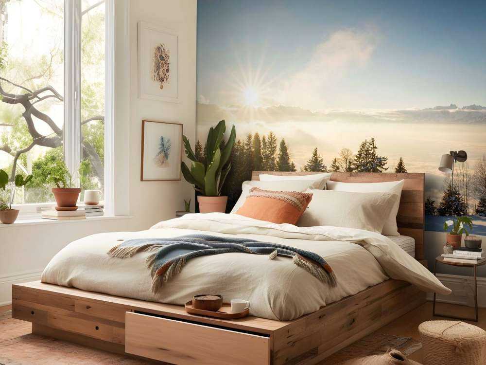 Lever de soleil au-dessus d'une forêt de sapins enneigée.