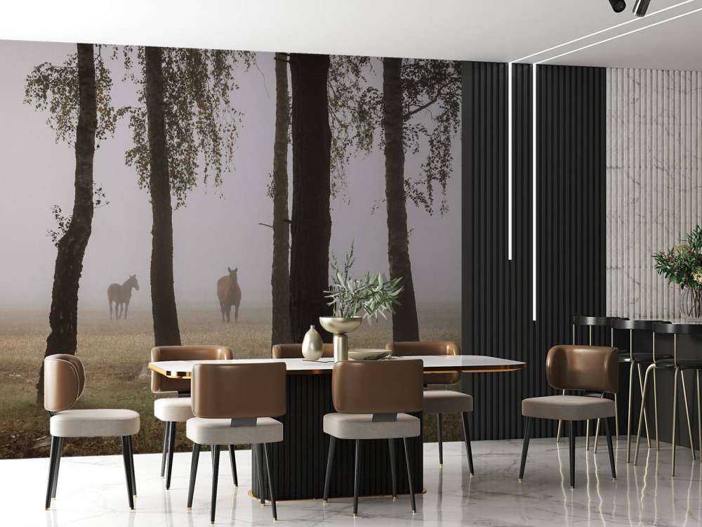 Chevaux dans la brume du matin