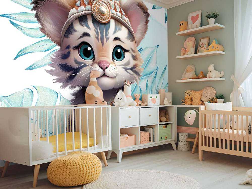 Bébé tigre et feuille bleu