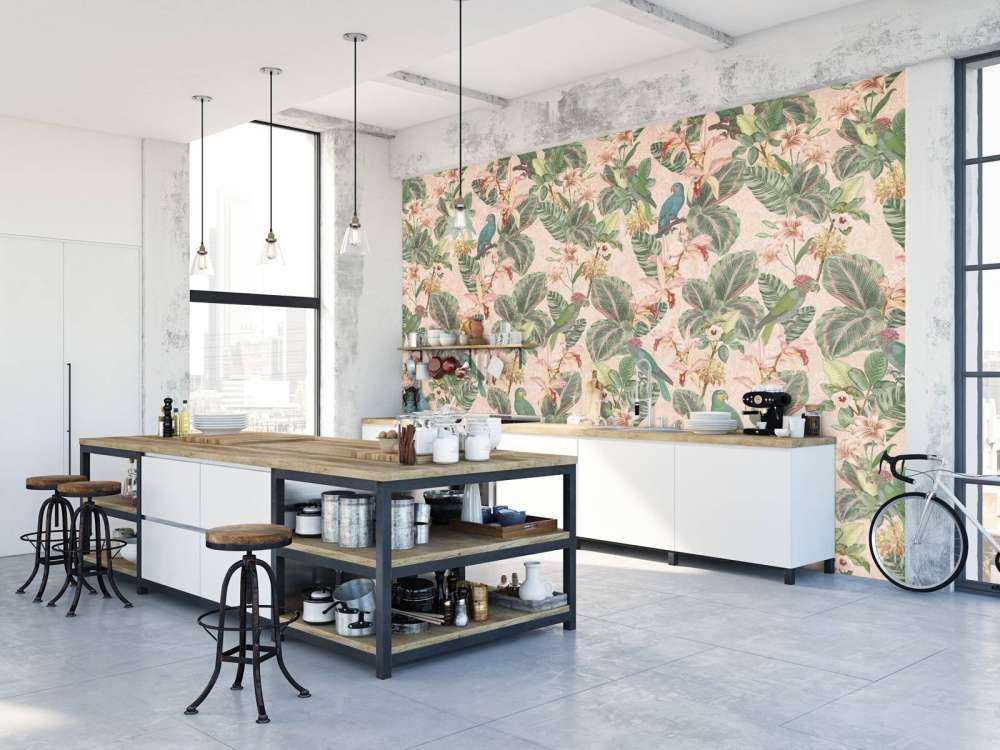 Oiseaux et perroquets de la jungle tropicale - rose tendre