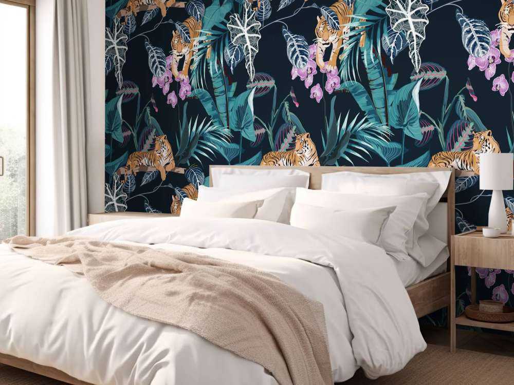 Tigres, feuilles et fleurs