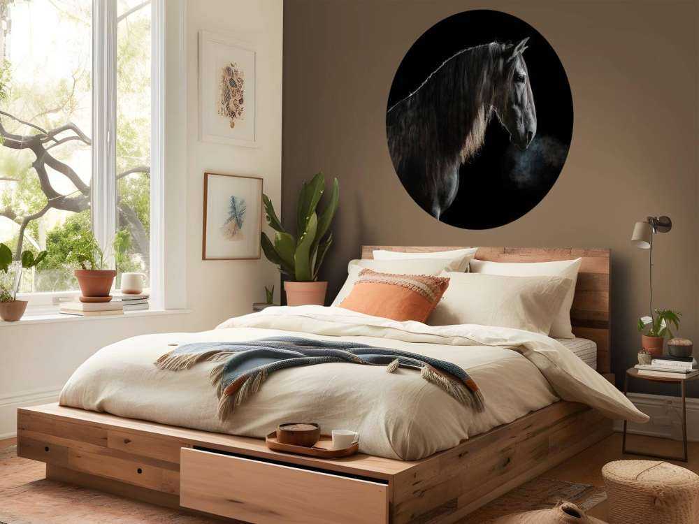 Cheval noir avec une robe grise
