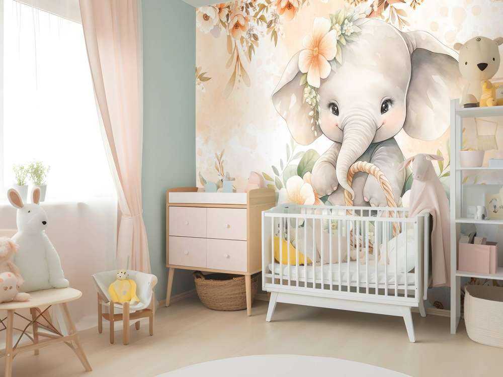 Éléphant ombragé dans un panier de fleurs