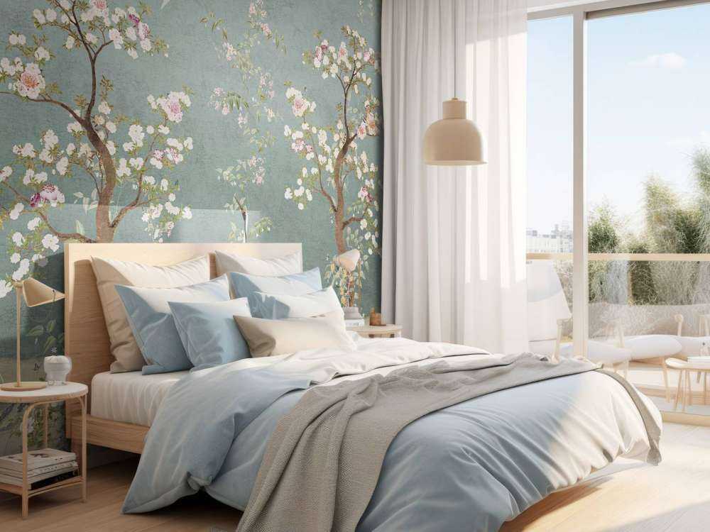 Arbres en fleurs avec des grues dans un jardin serein