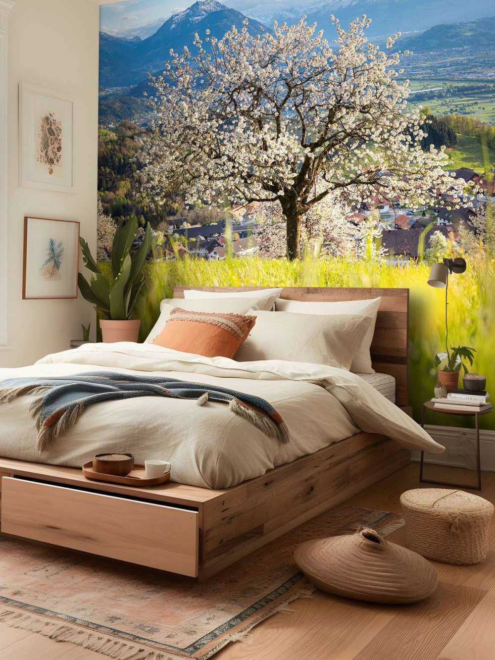 Cerisier en fleurs dans une prairie alpine