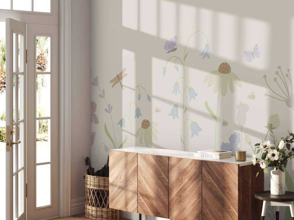 Champ de fleurs en hauteur avec papillons sable, vieux rose, vert et lilas