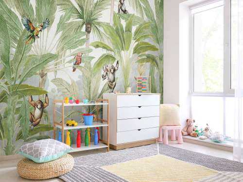 Jungle avec singes et perroquets en couleur