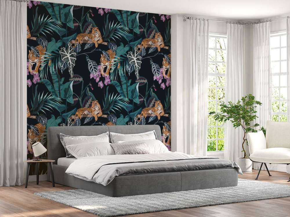 Tigres, feuilles et fleurs