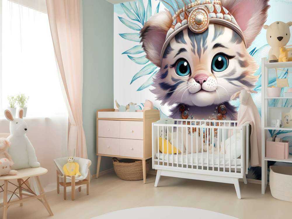 Bébé tigre et feuille bleu