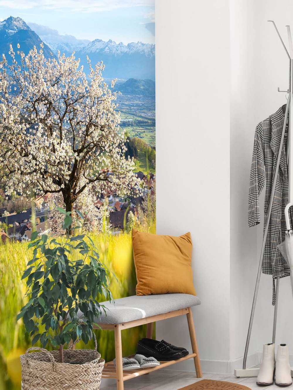 Cerisier en fleurs dans une prairie alpine