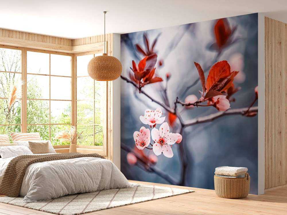 Fleur de cerisier avec des feuilles brun-rouge.