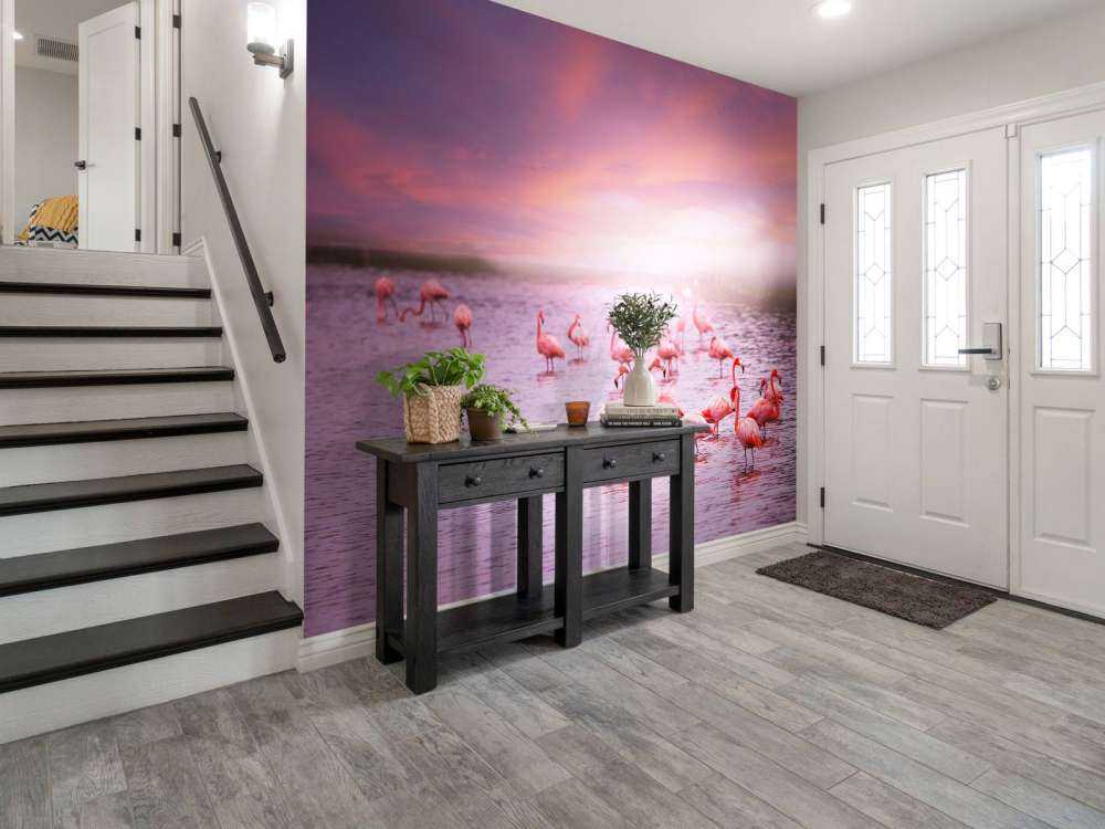 Flamants et le coucher de soleil