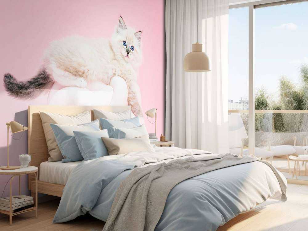 Chat blanc sur fond rose