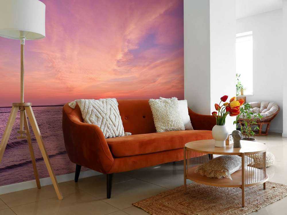 Plage avec coucher de soleil rose